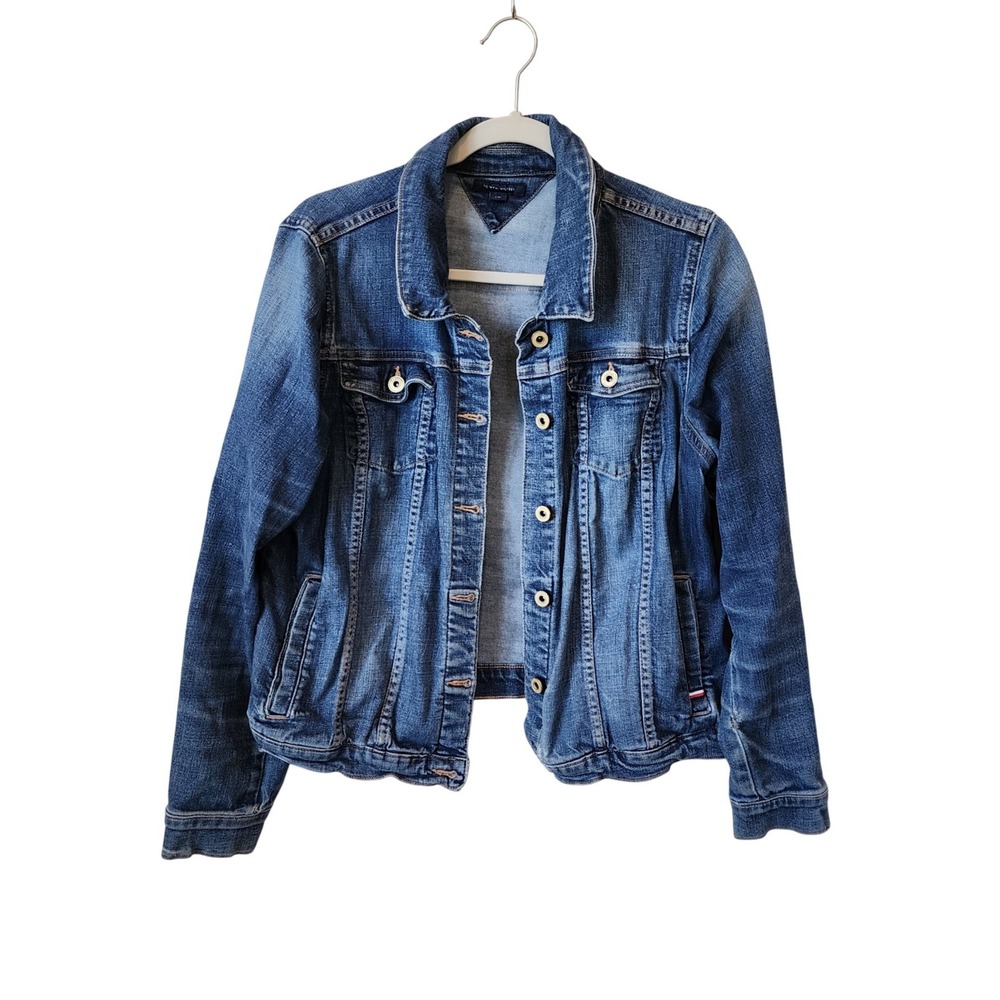 Tommy Hilfiger Womens Medium Wash Stretch Denim Trucker Jacket Size Large